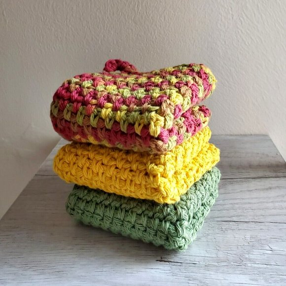 3 CROCHET DISHCLOTH WASHCLOTH 100% COTTON HANDMADE NEW Sage Green Yellow… - Picture 1 of 10